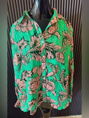 Just Bellina NWT Boho Floral Metallic Button-Down Blouse Top 1X Green Pink Gold